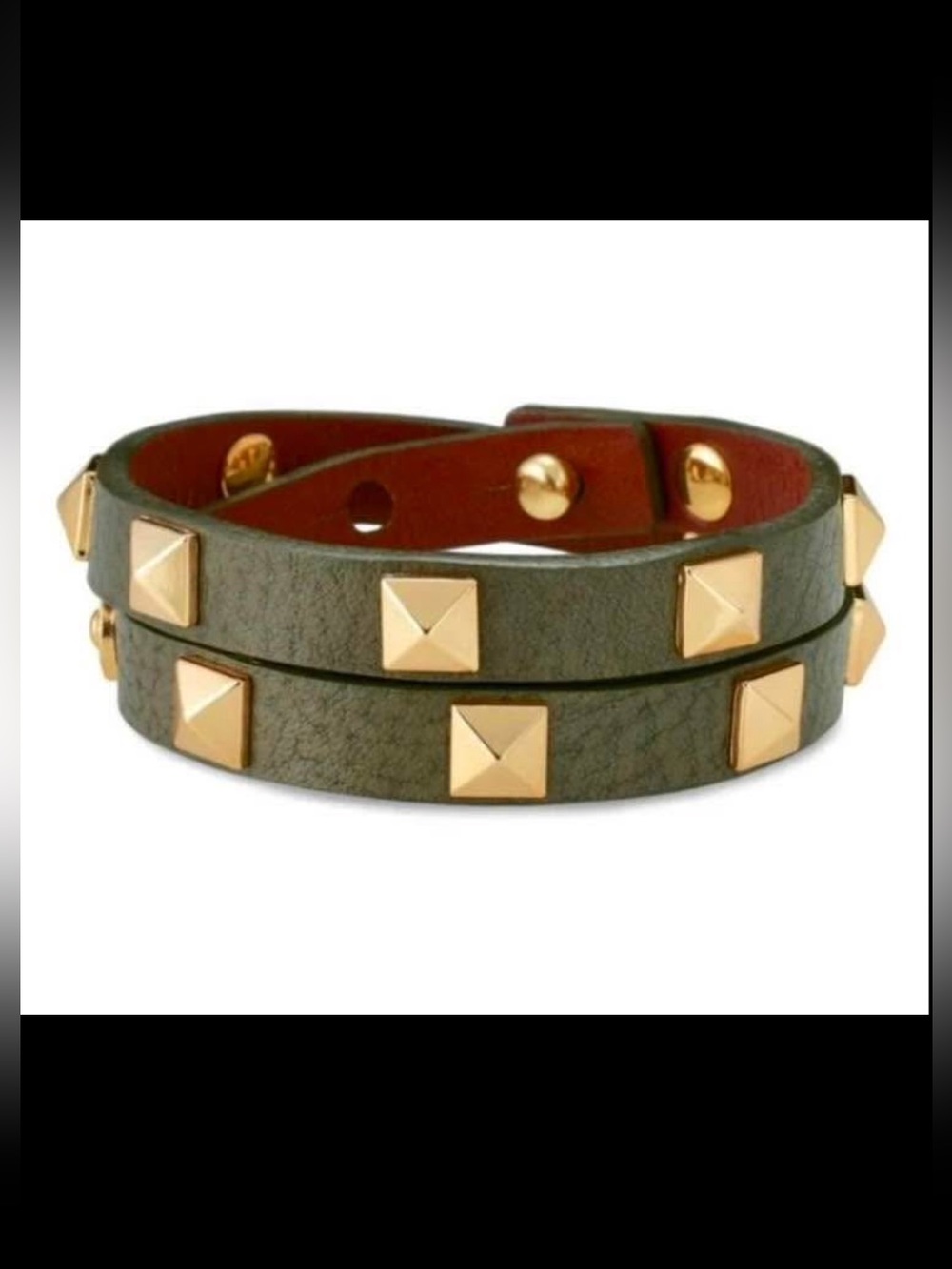 Stella & Dot Olive Green Double-Wrap Leather Stud Bracelet with Gold Accents